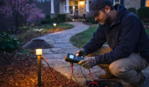Technician performing lighting inspections on outdoor pathway fixture using voltage testing equipment before spring repairs.